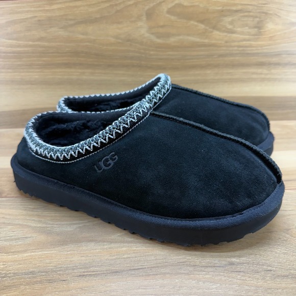 UGG Tasman Slippers Mens 12 Black Suede Shearling Fur Lined - Picture 1 of 11